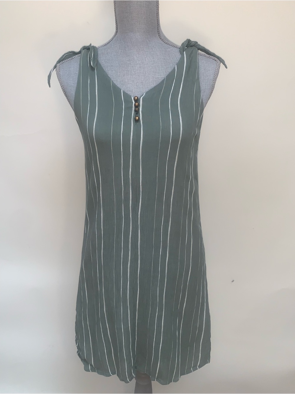 Ana Tie-Shoulder Stripe Sundress Green Tank Strap Sz XS Boho Summer Cottagecore